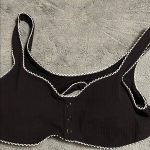Black Ribbed Snap-Front Bralette with White Trim